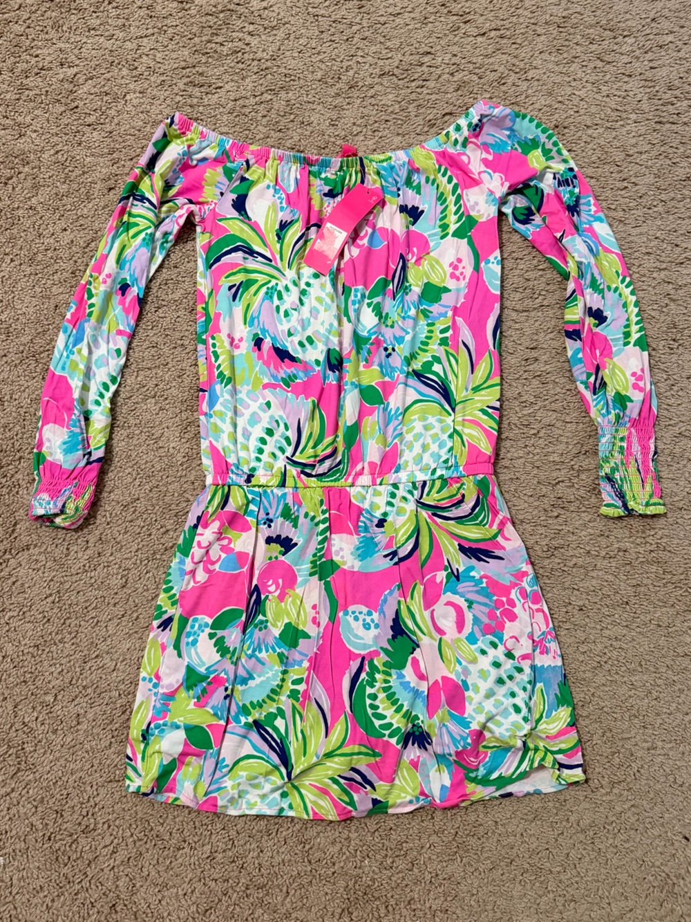 Lilly Pulitzer Vibrant Floral Off-Shoulder Skort Dress in Pink, Green & Blue